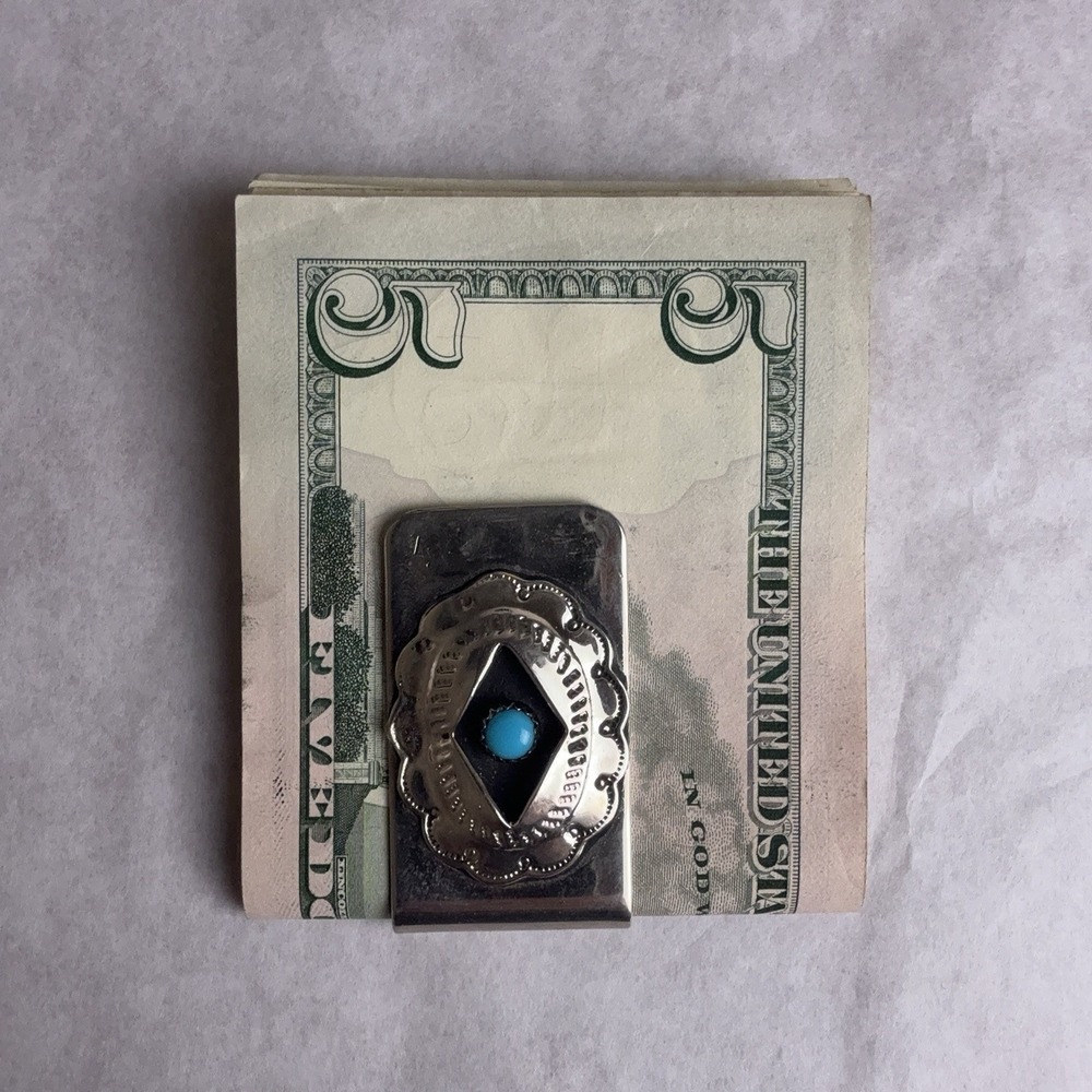 Sterling Silver Turquoise Cabochon Money Clip Tie Bar Mens Southwest Statement